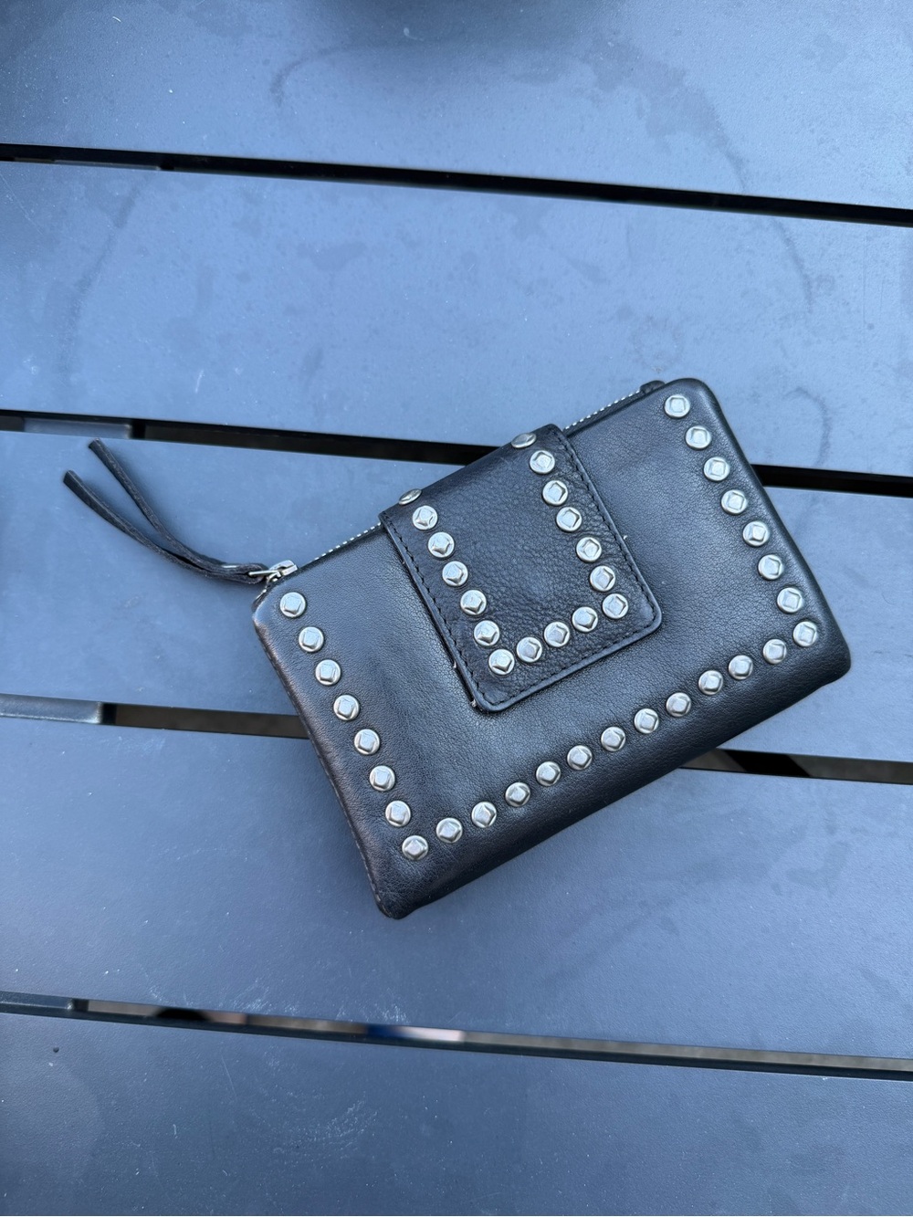 Black Studded Leather Zip Wallet Wristlet